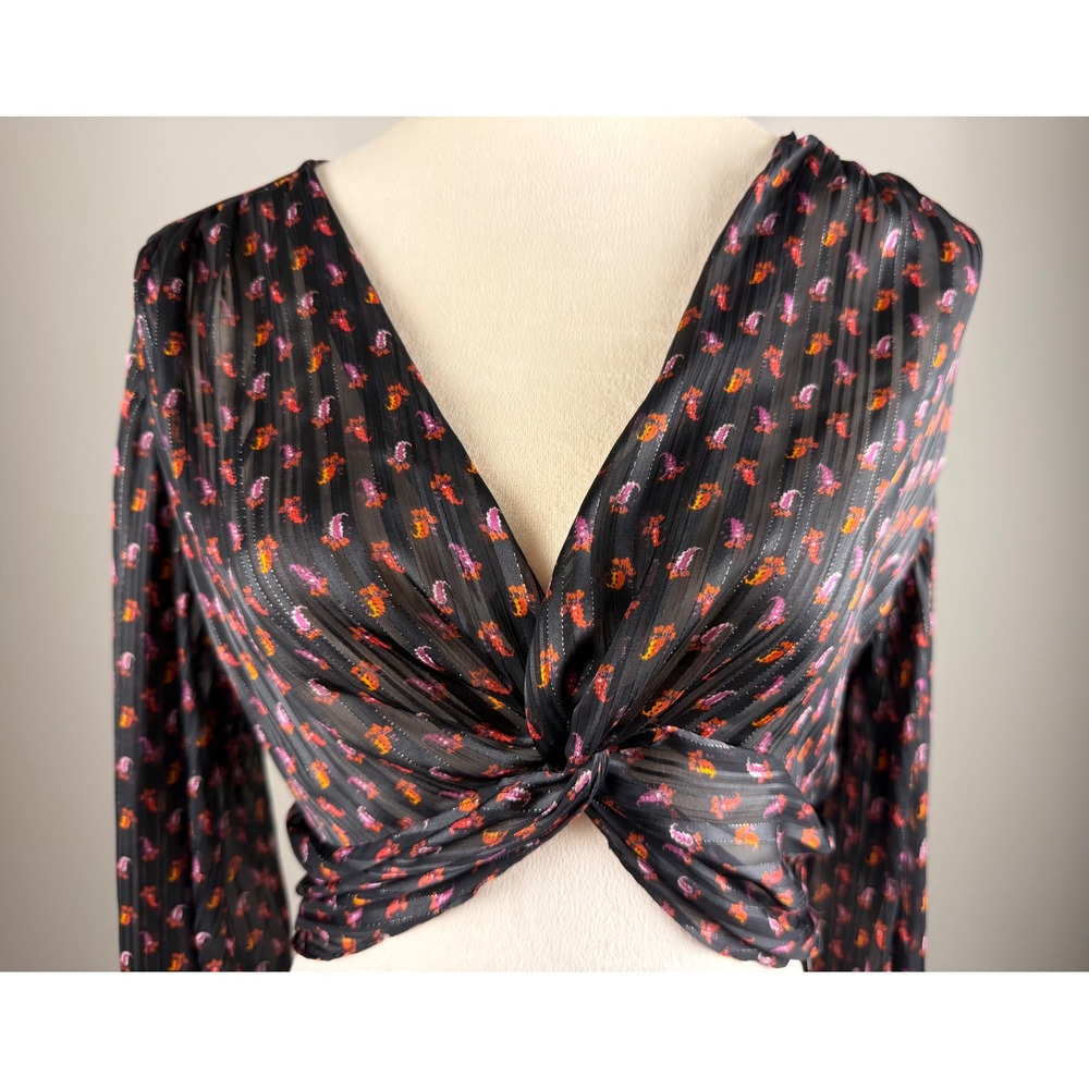 Zara Crop Top Paisley Floral XS Black Twist Front Boho Blouse Balloon Sleeves‎